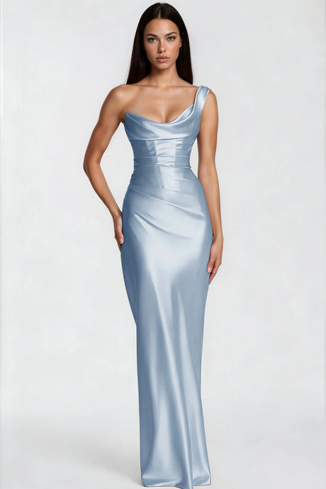 Kaylie Maxi Dress Blue One Shoulder Satin