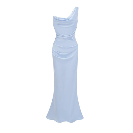 Kaylie Maxi Dress Blue One Shoulder Satin