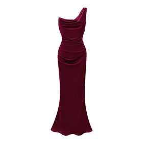 Hannah Burgundy One Shoulder Satin Maxi Dress