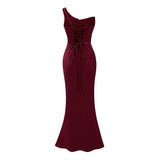 Hannah Burgundy One Shoulder Satin Maxi Dress