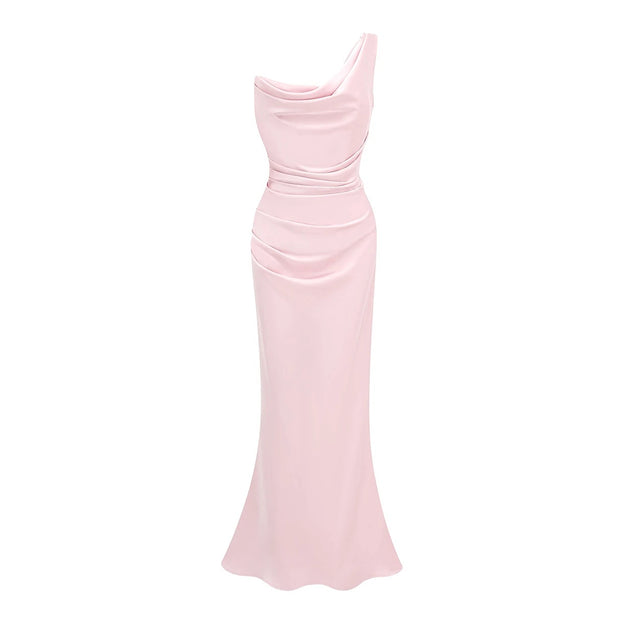 Hannah Pink One Shoulder Satin Maxi Dress