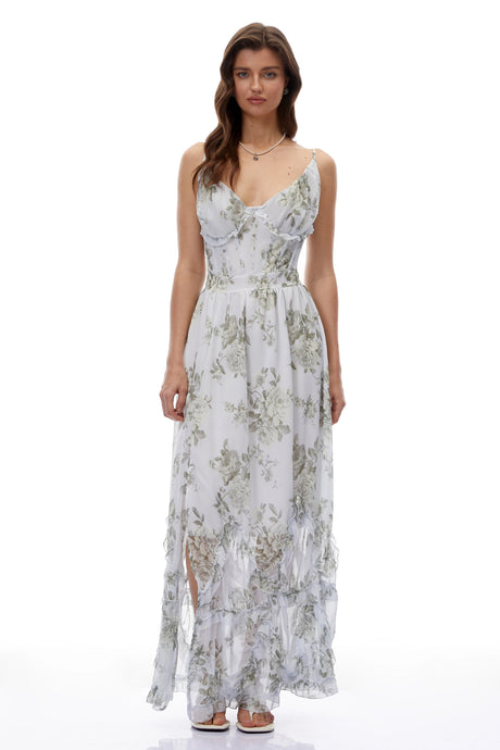 Lia Maxi Dress Green Floral V-Neck Sleeveless