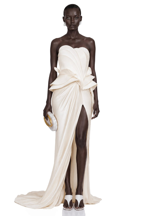 Cherish Maxi Dress White Off Shoulder Ruffled with Slit