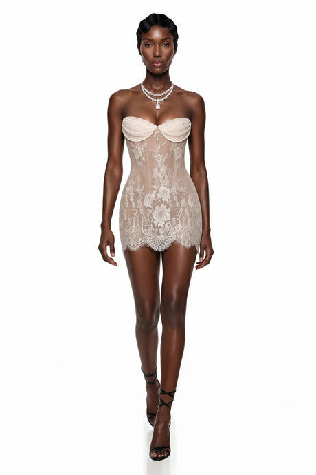 Assuntina Mini Dress Neutrals Embellished Floral Lace