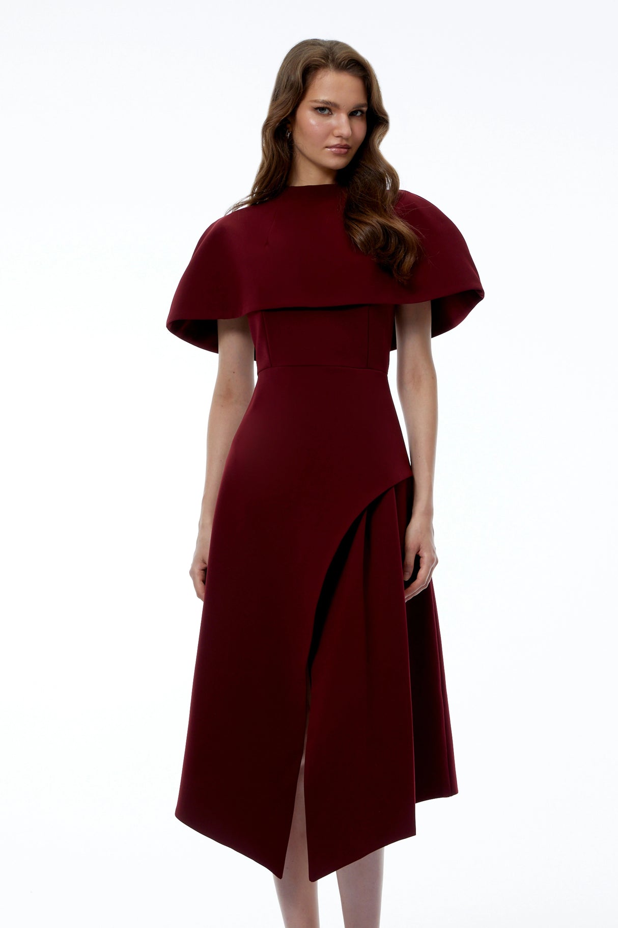 Haruka Burgundy Asymmetrical Midi Dress with Cape and Slit