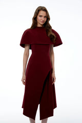 Haruka Burgundy Asymmetrical Midi Dress with Cape and Slit
