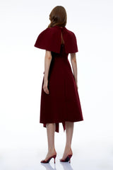 Haruka Burgundy Asymmetrical Midi Dress with Cape and Slit