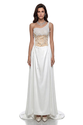 Hasti Cream White Ruched Maxi Dress with Chain Detail