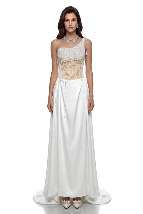 Amelia Maxi Dress Cream White Ruched with Chain Detail