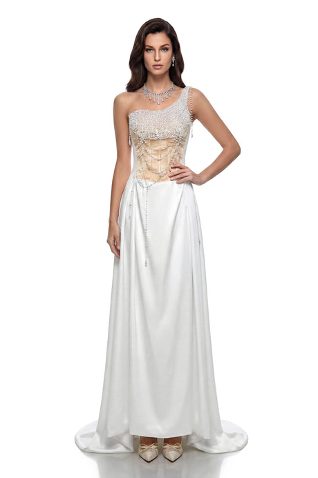 Amelia Maxi Dress Cream White Ruched with Chain Detail
