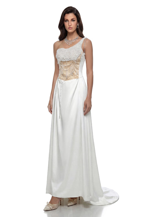 Amelia Maxi Dress Cream White Ruched with Chain Detail