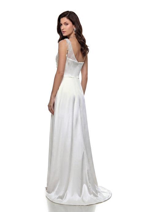 Amelia Maxi Dress Cream White Ruched with Chain Detail