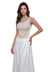 Hasti Cream White Ruched Maxi Dress with Chain Detail
