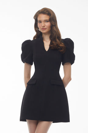 Hazel Black VNeck Puff Sleeve Mini Dress