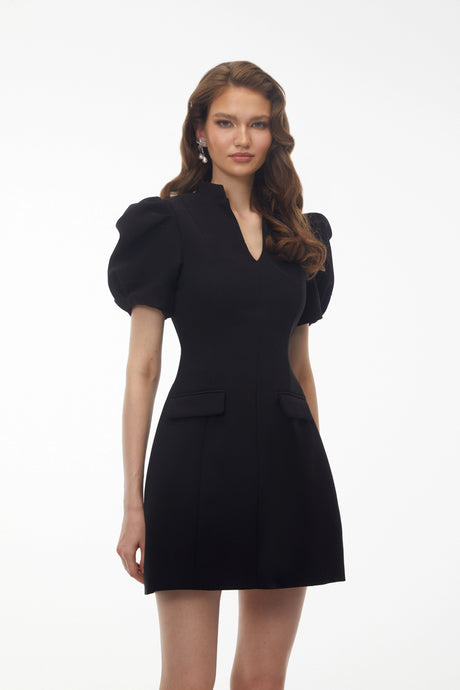 Sydney Mini Dress Black V-Neck Puff Sleeve