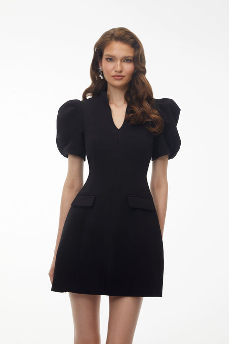 Sydney Mini Dress Black V-Neck Puff Sleeve
