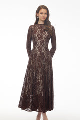 Hazel Brown Round Neck Floral Lace Maxi Dress