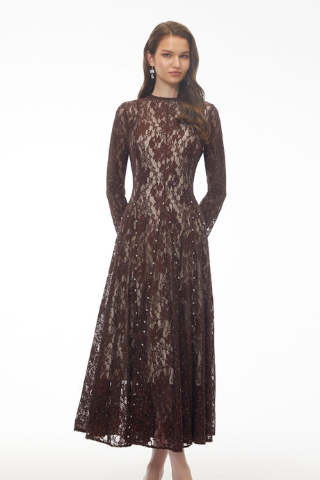 Sofia Maxi Dress Brown Round Neck Floral Lace