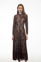 Hazel Brown Round Neck Floral Lace Maxi Dress