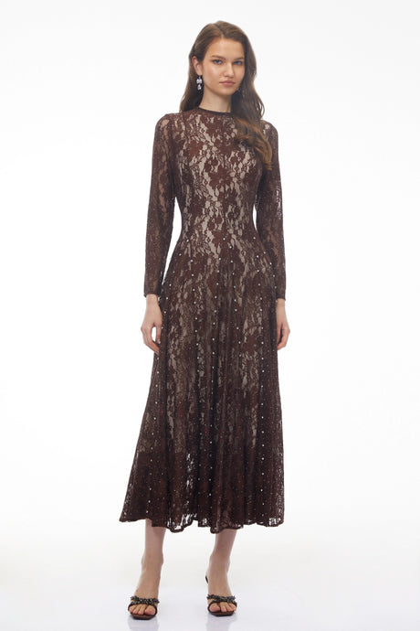Sofia Maxi Dress Brown Round Neck Floral Lace