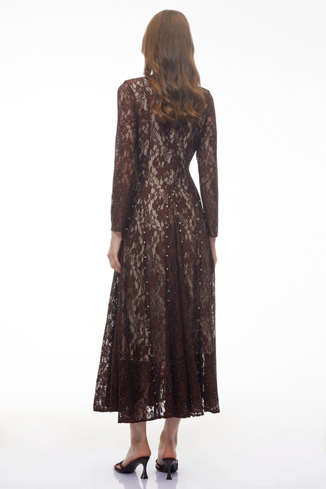 Sofia Maxi Dress Brown Round Neck Floral Lace