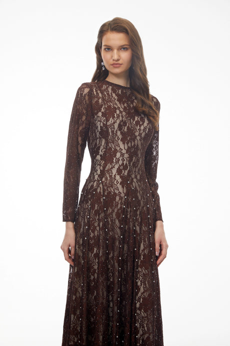 Sofia Maxi Dress Brown Round Neck Floral Lace