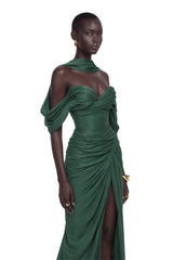 Hazel Green Asymmetrical Draped Maxi Dress
