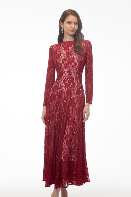 Luigia Maxi Dress Red Round Neck Floral Lace