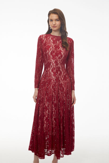 Luigia Maxi Dress Red Round Neck Floral Lace