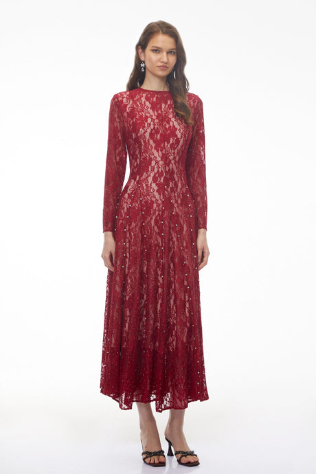 Luigia Maxi Dress Red Round Neck Floral Lace