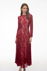 Hazel Red Round Neck Floral Lace Maxi Dress
