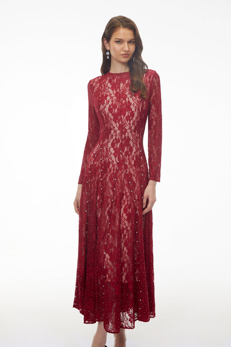 Luigia Maxi Dress Red Round Neck Floral Lace
