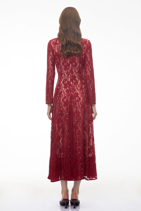 Luigia Maxi Dress Red Round Neck Floral Lace