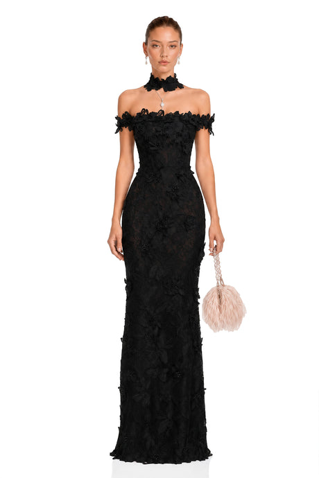 Olivia Maxi Dress Black Beaded Lace with 3D Florals