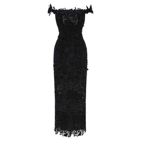 Sofia Maxi Dress Black Beaded Lace with 3D Florals