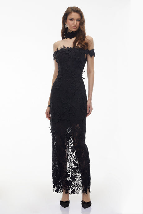 Sofia Maxi Dress Black Beaded Lace with 3D Florals