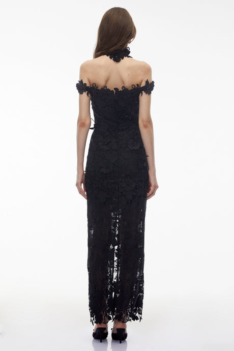 Sofia Maxi Dress Black Beaded Lace with 3D Florals