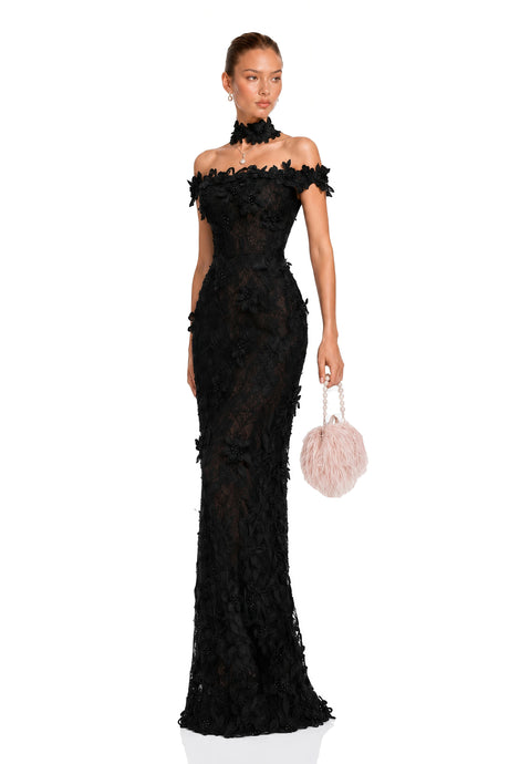 Olivia Maxi Dress Black Beaded Lace with 3D Florals