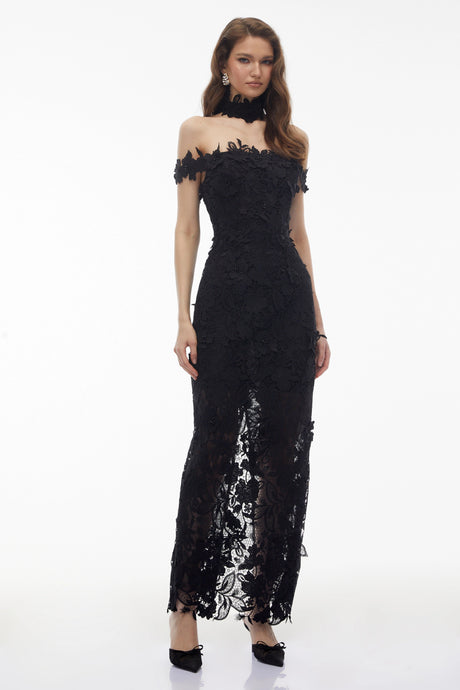 Sofia Maxi Dress Black Beaded Lace with 3D Florals