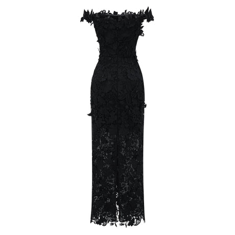 Olivia Maxi Dress Black Beaded Lace with 3D Florals