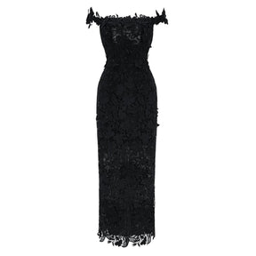 Hecate Black Beaded Lace Maxi Dress with 3D Florals