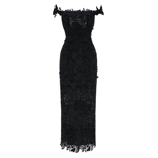 Hecate Black Beaded Lace Maxi Dress with 3D Florals