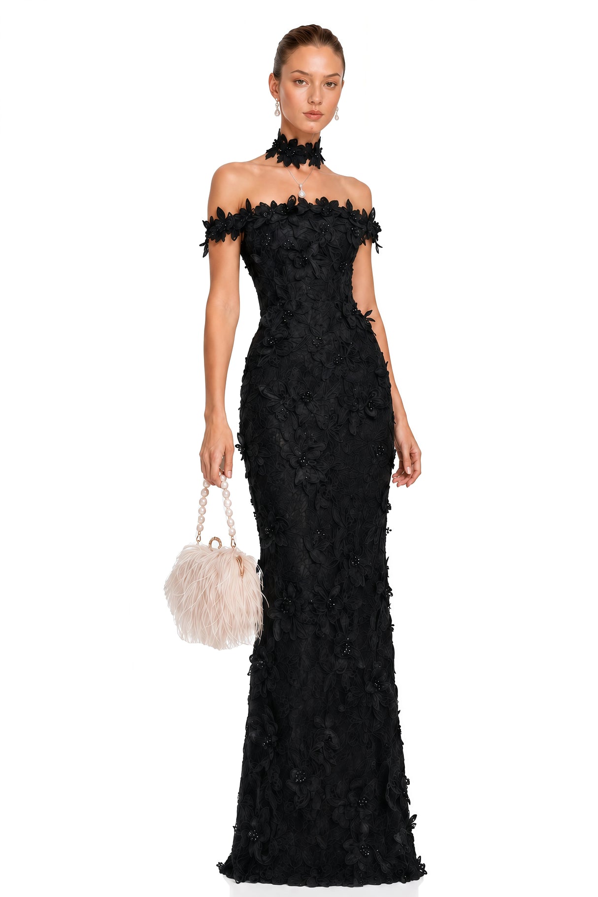 Hecate Black Beaded Lace Maxi Dress with 3D Florals