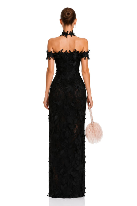 Olivia Maxi Dress Black Beaded Lace with 3D Florals