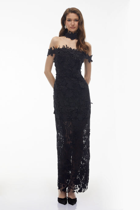 Sofia Maxi Dress Black Beaded Lace with 3D Florals