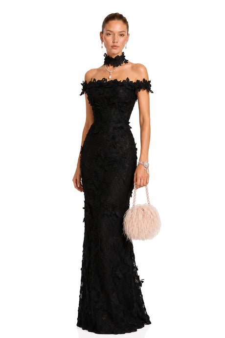 Olivia Maxi Dress Black Beaded Lace with 3D Florals
