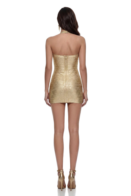 Samantha Mini Dress Gold Halterneck Bodycon