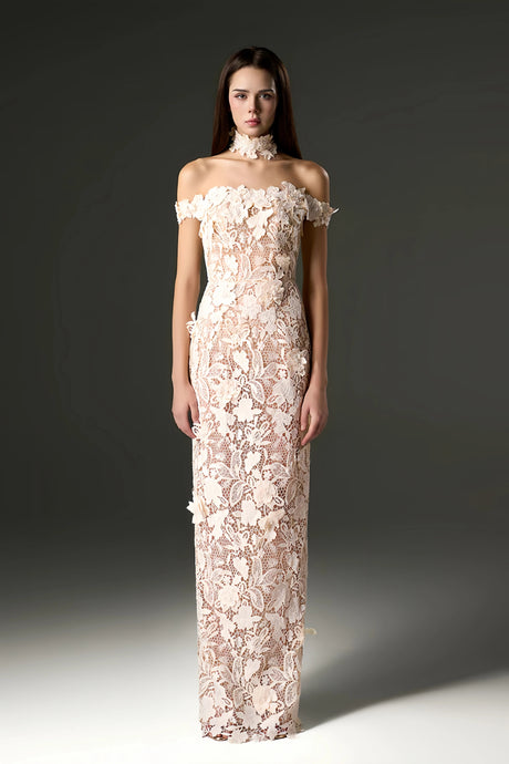 Rhea Maxi Dress White Beaded Lace with 3D Florals