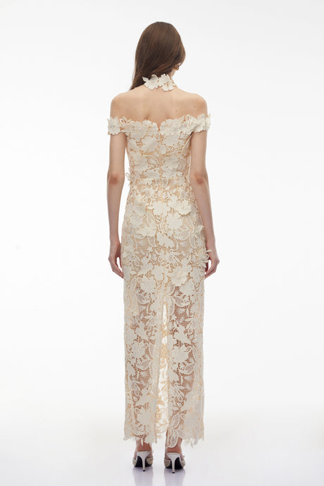 Celestina Maxi Dress White Beaded Lace with 3D Florals