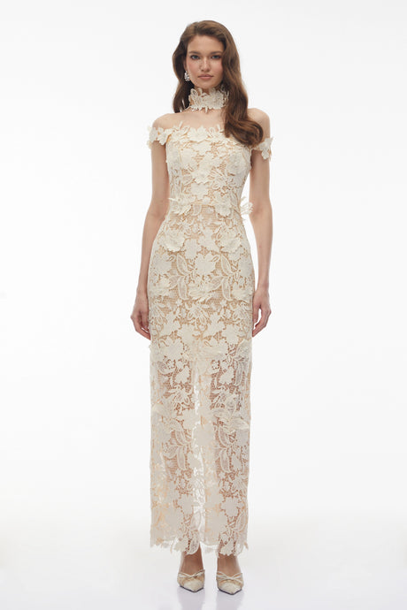 Celestina Maxi Dress White Beaded Lace with 3D Florals